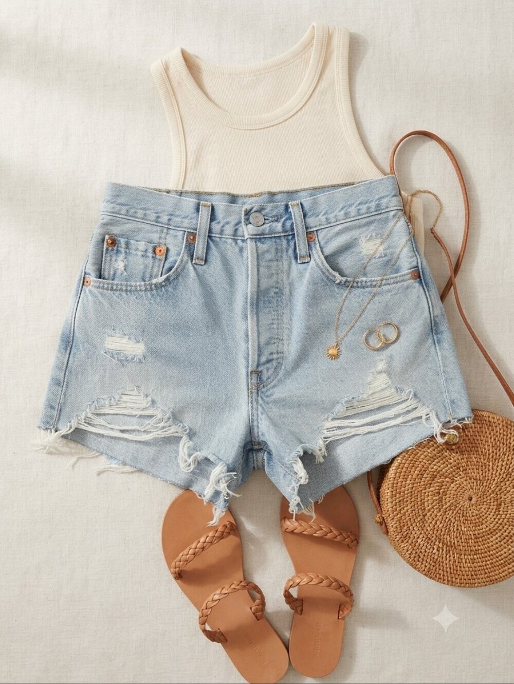 Levi's 501 Light Wash Denim Distressed High Waist Cut Off Shorts